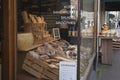 Showcase of the bread shop. Fresh bread in baskets