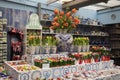 Showcases of Dutch shops with blue typical dishes