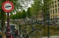 Amsterdam, Holland, August 201. In the central red-light district, a street alcohol prohibition sign. The graphic of the cartel is