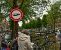 Amsterdam, Holland, August 201. In the central red-light district, a street alcohol prohibition sign. The graphic of the cartel is