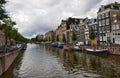 Amsterdam, Holland, August 2019. Classic view on one of the canals of the historic center. The typical houses overlook the water,