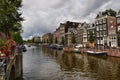 Amsterdam, Holland, August 2019. Classic view on one of the canals of the historic center. The typical houses overlook the water,