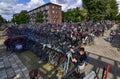 Amsterdam, Holland, August 2019. In the modern suburbs a large outdoor parking for bicycles. Thanks to two-level racks you can Royalty Free Stock Photo