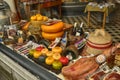 Amsterdam, Holland. August 2019. The showcase of a Dutch delicatessen shop: you can recognize the ham and the typical Dutch cheese