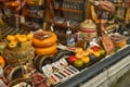 Amsterdam, Holland. August 2019. The showcase of a Dutch delicatessen shop: you can recognize the ham and the typical Dutch cheese