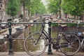 Amsterdam, Holland, May 12 2018: Old bicycle parked on a canal bridge in Amsterdam Royalty Free Stock Photo