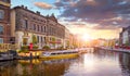 Amsterdam Holland Netherlands. Amstel river canals and boats Royalty Free Stock Photo