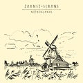 Amsterdam, Holland, Netherlands, Europe. Historic windmills and houses. Hand drawn postcard