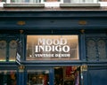 Close up of Mood Indigo Vintage Denim. Store front in Amsterdam down the Royalty Free Stock Photo