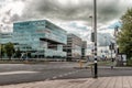 Financial district at the Amsterdam Bijlmer, Modern office buildings, business district Amsterdam Arena park, Southeast, moody clo Royalty Free Stock Photo