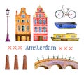 Amsterdam illustration. Watercolor hand drawn set. Houses, bicycle, bridge, boats and architecture details Royalty Free Stock Photo