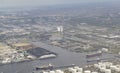 Amsterdam industrial and oil port zone viewed from an airplane with amstel river and a big ship Royalty Free Stock Photo