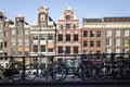 AMSTERDAM - MAY 13: Bicycles parked on a bridge over the canals of Amsterdam Royalty Free Stock Photo