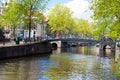 AMSTERDAM,NETHERLANDS-APRIL 27: Amsterdam canal with bikes along the bridge on King's Day in Amsterdam, the Netherlands. Royalty Free Stock Photo