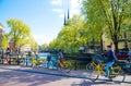 Bicycle on the city street river channel bridge in Amsterdam