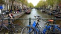 Amsterdam, The Netherlands - April 15 2017 : Bikes and people around the canal in Amsterdam Royalty Free Stock Photo