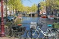 Amsterdam, Netherlands - April 09, 2019: Classic bicycles and historical houses in old Amsterdam. Typical street in Amsterdam with