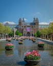 Amsterdam Netherlands April 2020, almost empty Amsterdam Rijksmuseum square during the corona covid 19 outbreak virus in