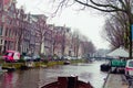 AMSTERDAM, NETHERLANDS, APRIL, 23 2018: Gorgeous outdoor view of boats in the canals of Amsterdam, is the capital and