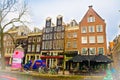 AMSTERDAM, NETHERLANDS, APRIL, 23 2018: Outdoor view of some buildings in the riverside of the canals of Amsterdam, is
