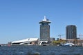 Amsterdam, Netherlands. April 2023. The river IJ with the Eye museum and a canalboat.