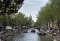 Beautiful summer scene of tourist sailing into amstel canal