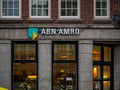 Brand name logo ABN AMRO bank on local branch office in Amsterdam