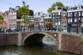 AMSTERDAM, THE NETHERLANDS - AUGUST 18, 2015: View on Prinsengracht from Spiegelgracht. Street life, Canal, pedestrians and Royalty Free Stock Photo