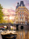 Amsterdam, Netherlands. Autumn sunset scene with scenic channels Royalty Free Stock Photo