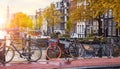 Amsterdam Netherlands. Bikes over canals of amsterdam city Royalty Free Stock Photo