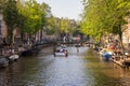 Amsterdam, Netherlands - 06/14/2019: canal with bridge and boats in Amsterdam, Netherlands. Traditional dutch cityscape.