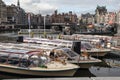 Canal tour boats moored and waiting for passengers. Urban landscape