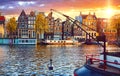 Amsterdam Netherlands dancing houses over river Amstel sunset Royalty Free Stock Photo