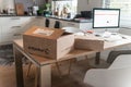 De Bijenkorf online package delivery, unboxing package, online shopping, fashion shoes, white sneakers, box on the table