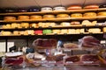 Amsterdam, Netherlands, Europe, October 11, 2019. Various types of traditional Dutch cheese and ham displayed for sale in an Royalty Free Stock Photo