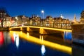 Amsterdam, Netherlands. Evening cityscape. Dark sky and city lights. Dutch canals.