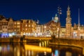 Amsterdam, Netherlands. Evening cityscape. Dark sky and city lights. Dutch canals.