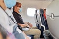 Amsterdam,Netherlands, 08/18/2020. Flight Amsterdam-New York. A passengers wearing face mask is traveling on airplane.Crew team ma Royalty Free Stock Photo