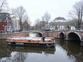 Empty canal cruise boat and bridges on corner of prinsengracht and reguliersgracht in amsterdam centre