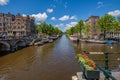 Panoramic vieuw in historical center of Amsterdam, crossing of several canals