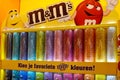 AMSTERDAM, NETHERLANDS - JULY 16, 2022: Assortment of M&M`s chocolate dragee in Captain Candy shop