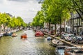 Amsterdam, Netherlands - July 18, 2018: Life on the canals. Barges on the canal and many vehicles on the side streets