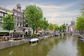 Amsterdam, Netherlands - June 2019: Basilica of Saint Nicholas Sint Nicolaaskerk and Amsterdam canals