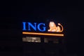 Amsterdam, Netherlands - June 6, 2019: Illuminated logo of ING Group. ING Group is a Dutch multinational banking and financial