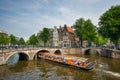 Boat with tourists boating through the Keizersgracht canal in Amsterdam