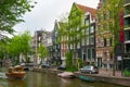 AMSTERDAM, NETHERLANDS - JUNE 25, 2017: Tourist cruise boat on the one of the water canals in the historical part. Royalty Free Stock Photo