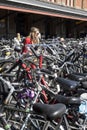 A young woman is hitching her bike, in the middle of a hundred bikes, in the parking of the Amsterdam train station.