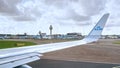 AMSTERDAM, NETHERLANDS - MARCH 03, 2020: KLM Royal Dutch Airlines plane takes off in Amsterdam Schiphol International Airport. Royalty Free Stock Photo