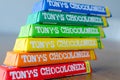 Amsterdam, Netherlands - May 04 2019: Tonys Chocolonely milk chocolate. Fair trade chocolate made by Tonys Chocolonely chocolate Royalty Free Stock Photo