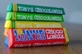 Amsterdam, Netherlands - May 04 2019: Tonys Chocolonely milk chocolate. Fair trade chocolate made by Tonys Chocolonely chocolate Royalty Free Stock Photo